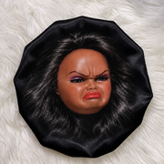 Attitude 01 reversible black satin bonnet with hair and face design