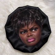 Attitude 03 reversible black satin bonnet with hair and face design