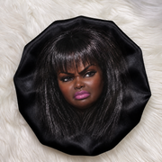 Attitude 04 reversible black satin bonnet with hair and face design