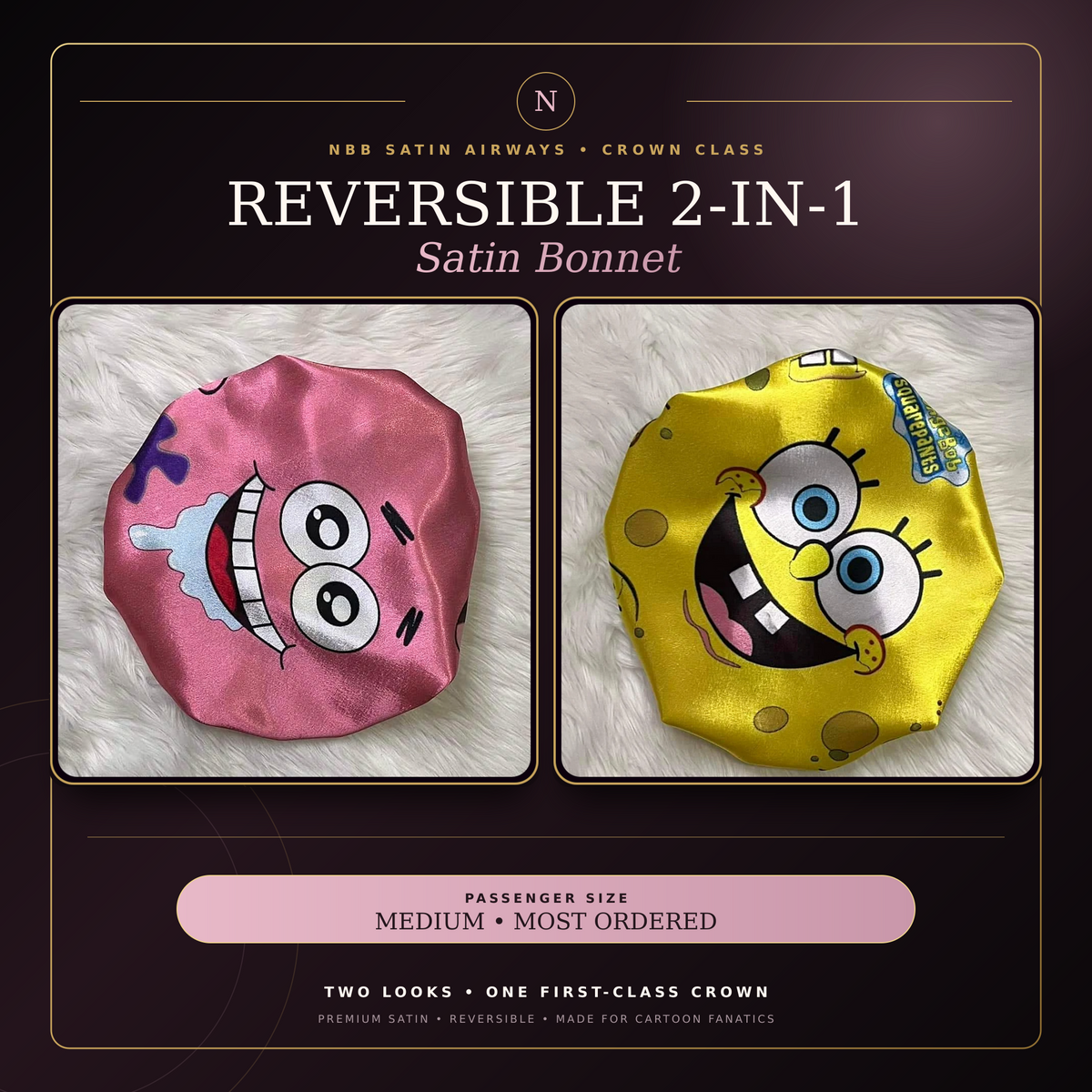 Cartoon Besties reversible pink and yellow satin bonnet, two-in-one Crown Class product image