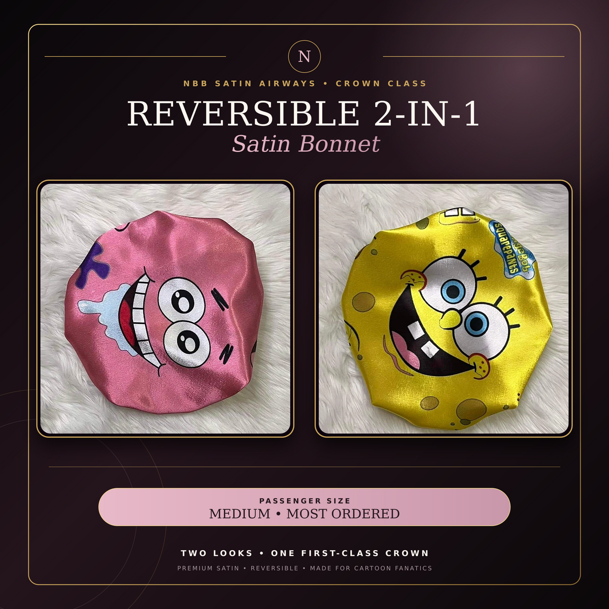 Cartoon Besties reversible pink and yellow satin bonnet, two-in-one Crown Class product image