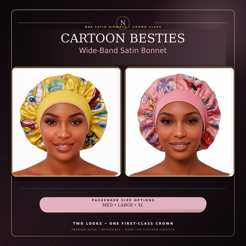 NBB Satin Airways Cartoon Besties reversible wide-band satin bonnet in matching square listing layout
