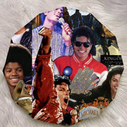 Printed collector side of MJ Lovers reversible satin bonnet