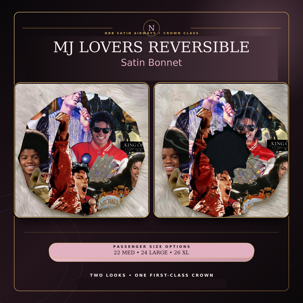 NBB Satin Airways MJ Lovers reversible satin bonnet with large readable title and matching square layout