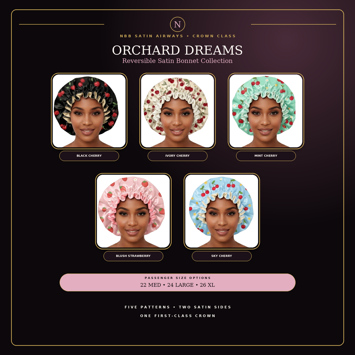 Orchard Dreams reversible satin bonnet collection with five pattern options